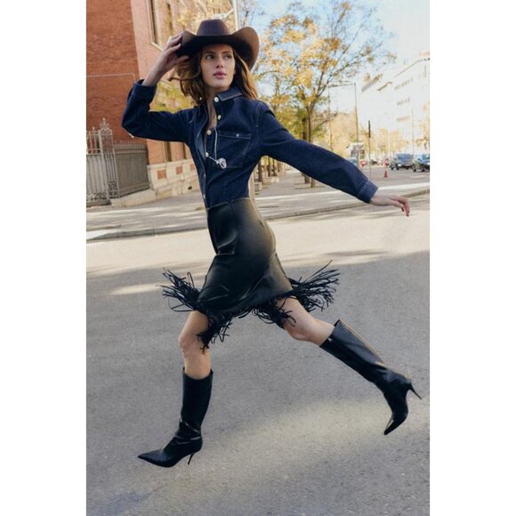 ZARA FAUX LEATHER FRINGED MIDI SKIRT - Picture 8 of 11